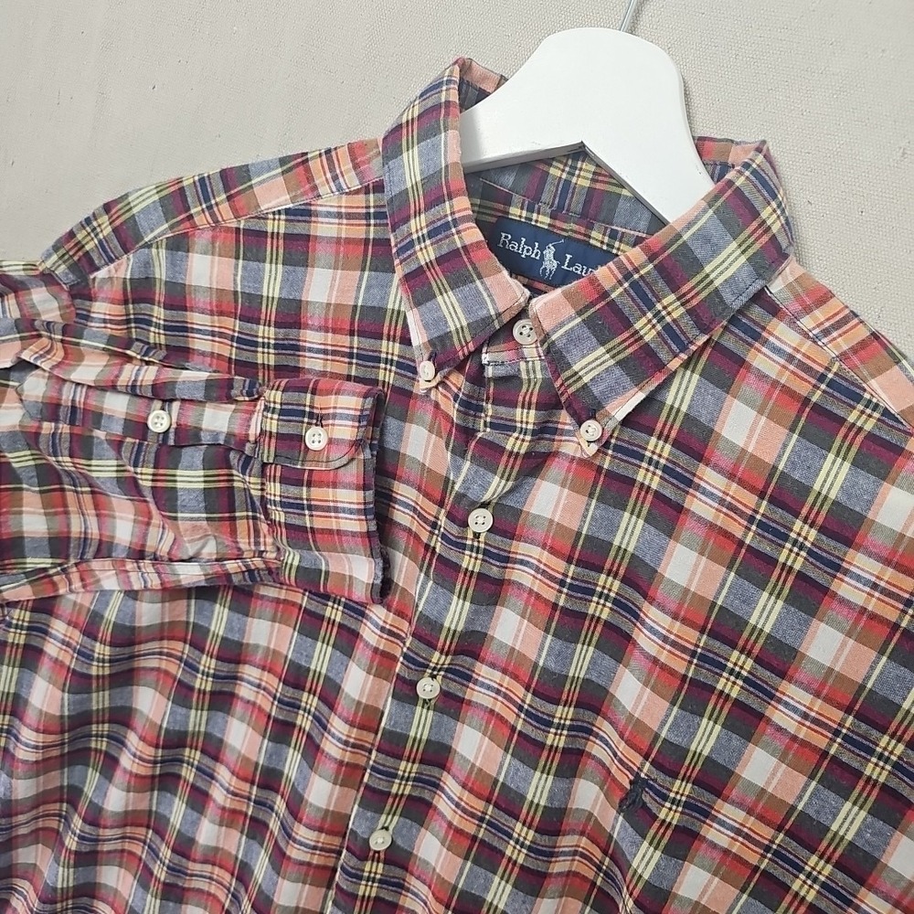 Ralph Lauren McMeel Men's Medium Orange Blue Plaid Button Down Shirt Long Sleeve